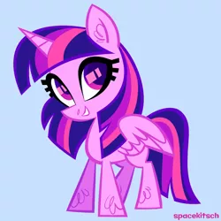 Size: 900x900 | Tagged: safe, artist:spacekitsch, banned from derpibooru, deleted from derpibooru, derpibooru import, twilight sparkle, twilight sparkle (alicorn), alicorn, pony, female, grin, looking at you, mare, simple background, smiling, solo, spread wings, unshorn fetlocks, wings