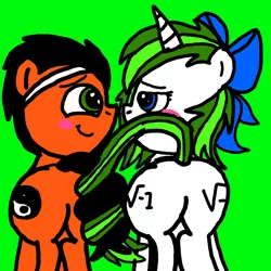 Size: 768x768 | Tagged: safe, artist:sebtheartist, banned from derpibooru, deleted from derpibooru, derpibooru import, oc, oc:lekonar, oc:minty root, unofficial characters only, pegasus, pony, unicorn, blushing, butt, female, green background, looking at each other, male, mare, oc x oc, plot, shipping, simple background, stallion, straight