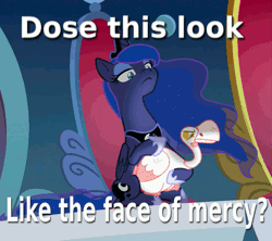 Size: 535x475 | Tagged: safe, banned from derpibooru, deleted from derpibooru, derpibooru import, princess luna, alicorn, bird, goose, pony, season 9, sparkle's seven, spoiler:s09, animal, animated, face of mercy, gif, hoof shoes, luna petting goose, meme, misspelling, petting