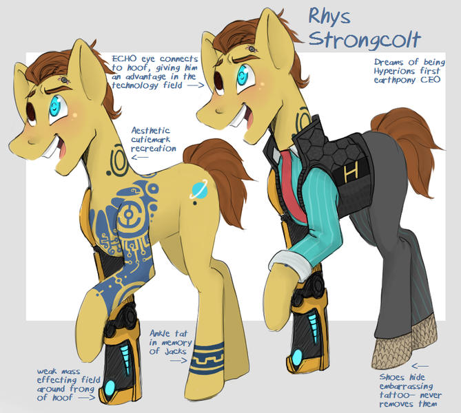 Size: 833x747 | Tagged: safe, artist:charlie-bad-touch, banned from derpibooru, deleted from derpibooru, derpibooru import, cyborg, earth pony, pony, borderlands, clothes, cyber legs, cybernetic eyes, heterochromia, prosthetics, rhys, tales from the borderlands, tattoo