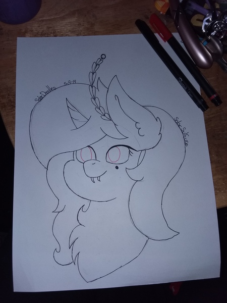 Size: 2448x3264 | Tagged: safe, artist:solardoodles, derpibooru import, oc, oc:solar sulfure, bat pony, moth, mothpony, original species, pony, unicorn, antenna, beauty mark, fangs, sketch, smiling, solo, traditional art