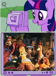 Size: 742x1000 | Tagged: safe, banned from derpibooru, deleted from derpibooru, derpibooru import, twilight sparkle, unicorn, chicken run, exploitable meme, mematic.net, meme, obligatory pony, television, tv meme, wat