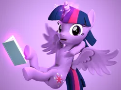 Size: 2904x2160 | Tagged: safe, artist:xppp1n, banned from derpibooru, deleted from derpibooru, derpibooru import, twilight sparkle, twilight sparkle (alicorn), alicorn, pony, 3d, armpits, book, female, levitation, looking at you, magic, mare, purple background, simple background, solo, source filmmaker, telekinesis