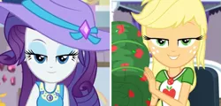 Size: 749x360 | Tagged: safe, banned from derpibooru, deleted from derpibooru, derpibooru import, applejack, rarity, camping must-haves, equestria girls, equestria girls series, spoiler:eqg series (season 2), decoration, hat, lidded eyes, smiling