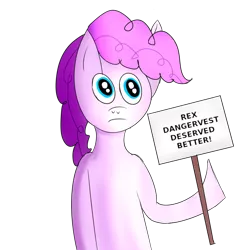 Size: 1000x1000 | Tagged: safe, anonymous editor, artist:twilight-schwifty-edits, banned from derpibooru, deleted from derpibooru, derpibooru import, edit, pinkie pie, earth pony, pony, bipedal, female, frown, gimp, hoof hold, mare, meme, mouthpiece, opinion, pinkies sign meme, raised arm, raised hoof, rex dangervest, sign, simple background, solo, spoilers for another series, standing, the lego movie, the lego movie 2: the second part, transparent background