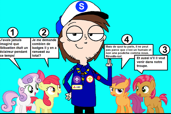 Size: 600x402 | Tagged: safe, artist:sebtheartist, banned from derpibooru, deleted from derpibooru, derpibooru import, apple bloom, babs seed, scootaloo, sweetie belle, oc, oc:mr.s, pony, 1000 hours in ms paint, adorababs, adorabloom, annoyed, clothes, cute, cutealoo, diasweetes, french, scarf, scout, scout uniform