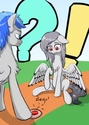 Size: 806x1132 | Tagged: safe, artist:dromture, banned from derpibooru, deleted from derpibooru, derpibooru import, oc, oc:cedar rock, oc:news, unofficial characters only, bird, pegasus, pigeon, pony, blushing, chest fluff, duo, female, implied vibrator, male, mare, remote controlled vibrator, sitting