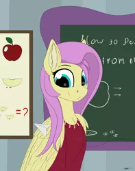 Size: 2270x2885 | Tagged: safe, artist:xenophilie, banned from derpibooru, deleted from derpibooru, derpibooru import, fluttershy, pegasus, pony, chalkboard, clothes, ear fluff, female, looking at something, mare, paper plane, sketch, solo, sweater