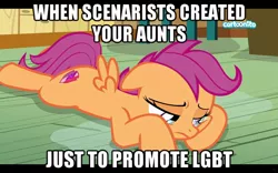 Size: 700x438 | Tagged: safe, banned from derpibooru, deleted from derpibooru, derpibooru import, edit, edited screencap, screencap, scootaloo, the last crusade, cartoonito logo, crying, lgbt, meme, sad, solo