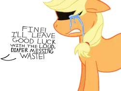 Size: 1024x768 | Tagged: safe, alternate version, artist:turnaboutart, banned from derpibooru, deleted from derpibooru, derpibooru import, applejack, earth pony, pony, fanfic:mama applejack, background removed, crying, hairband, implied oc, memory, offscreen character, simple background, text, transparent background