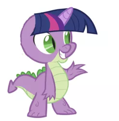 Size: 750x760 | Tagged: safe, artist:undeadponysoldier, banned from derpibooru, deleted from derpibooru, derpibooru import, spike, twilight sparkle, dragon, unicorn, clothes, cosplay, costume, cursed image, horn, horned dragon, male, mane, mane swap, not salmon, simple background, smiling, solo, teeth, unidragon, wat, what has magic done, what has photoshop done, what has science done, white background, why