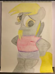 Size: 3024x4032 | Tagged: safe, artist:big-kid, banned from derpibooru, deleted from derpibooru, derpibooru import, derpy hooves, pegasus, pony, blue underwear, boyshorts, clothes, colored pencil drawing, legs, mane, panties, shirt, solo, t-shirt, tail, traditional art, underwear, wings, wip