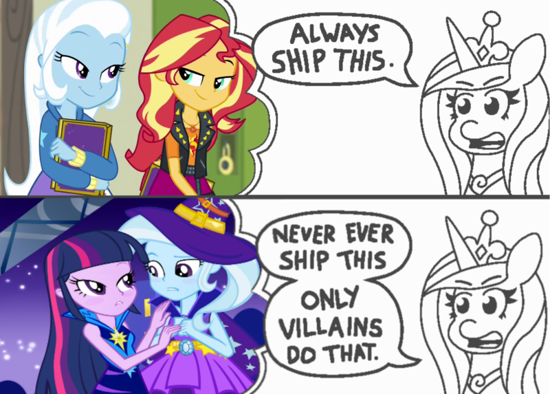 Size: 1609x1152 | Tagged: safe, banned from derpibooru, deleted from derpibooru, derpibooru import, princess cadance, sunset shimmer, trixie, twilight sparkle, equestria girls, always ship this, exploitable meme, female, lesbian, meme, shipping, suntrix, twixie