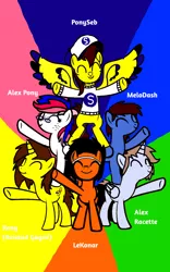 Size: 1200x1928 | Tagged: safe, artist:melodysweetheart, artist:sebtheartist, banned from derpibooru, deleted from derpibooru, derpibooru import, oc, oc:alex racette, oc:lekonar, oc:melodash, oc:ponyseb, oc:reny, unofficial characters only, pony, base used, bipedal, clothes, pyramid, raised hoof, simple background, smiling, trace