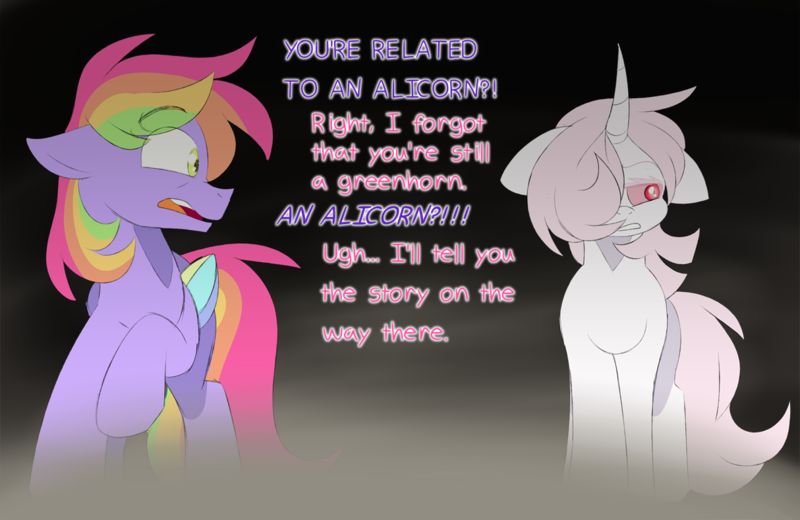 Size: 1214x789 | Tagged: safe, artist:scarletverse, artist:taaffeiite, banned from derpibooru, deleted from derpibooru, derpibooru import, oc, oc:aurora borealis, oc:scarlet starlight, unofficial characters only, pegasus, pony, unicorn, comic:once upon a time, colored wings, colored wingtips, curved horn, dialogue, female, horn, mare, parent:cyberia starlight, parent:sakura starlight, simple background, text, wings