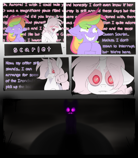 Size: 3500x4000 | Tagged: semi-grimdark, artist:scarletverse, artist:taaffeiite, banned from derpibooru, deleted from derpibooru, derpibooru import, oc, oc:aurora borealis, oc:scarlet starlight, unofficial characters only, ghost, pegasus, pony, undead, unicorn, comic:once upon a time, comic, curved horn, dialogue, fear, female, horn, mare, parent:cyberia starlight, parent:sakura starlight, rambling, simple background, smiling, text, wide eyes