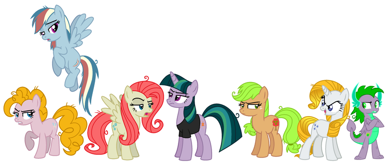 Size: 3412x1432 | Tagged: safe, artist:alpha-power, artist:starryoak, banned from derpibooru, deleted from derpibooru, derpibooru import, applejack, fluttershy, mean applejack, mean fluttershy, mean pinkie pie, mean rainbow dash, mean rarity, mean twilight sparkle, pinkie pie, rainbow dash, rarity, spike, twilight sparkle, alicorn, the mean 6, clone, mean six, mean spike, twilight sparkle (alicorn)