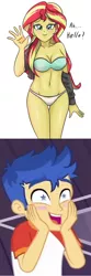 Size: 428x1292 | Tagged: suggestive, artist:sumin6301, banned from derpibooru, deleted from derpibooru, derpibooru import, edit, flash sentry, sunset shimmer, equestria girls, belly button, blue underwear, bra, breasts, cleavage, clothes, female, flashimmer, jacket, looking at you, male, panties, shipping, simple background, smiling, solo, solo female, starry eyes, straight, underwear, white background, white underwear, wingding eyes