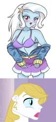 Size: 864x1880 | Tagged: suggestive, artist:sumin6301, banned from derpibooru, deleted from derpibooru, derpibooru import, edit, prince blueblood, trixie, equestria girls, adorasexy, armpits, bluetrix, blushing, bra, breasts, busty trixie, cleavage, clothes, cute, equestria girls-ified, female, hoodie, hot, looking at you, male, open mouth, purple underwear, sexy, shipping, simple background, skirt, solo, solo female, straight, stupid sexy trixie, underwear, undressing, white background