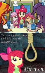 Size: 1144x1852 | Tagged: semi-grimdark, banned from derpibooru, deleted from derpibooru, derpibooru import, idw, apple bloom, rarity, scootaloo, sunset shimmer, sweetie belle, equestria girls, 2edgy4me, abuse, anon-a-miss, applebuse, cutie mark crusaders, disproportionate retribution, downvote bait, edgy, execution, imminent death, ow the edge