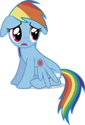 Size: 1024x1504 | Tagged: safe, artist:j5a4, banned from derpibooru, deleted from derpibooru, derpibooru import, rainbow dash, pegasus, pony, female, floppy ears, frown, injured, mare, open mouth, sad, simple background, sitting, solo, transparent background, wings, wings down