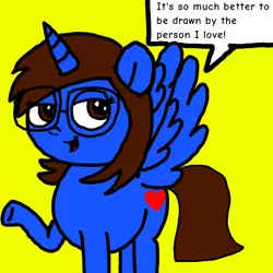 Size: 600x600 | Tagged: safe, artist:sebtheartist, banned from derpibooru, deleted from derpibooru, derpibooru import, oc, oc:sandra garcia, unofficial characters only, alicorn, pony, alicorn oc, dialogue, glasses, horn, ibispaint x, simple background, solo, wings, yellow background