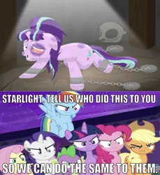Size: 640x698 | Tagged: grimdark, artist:porygon2z, banned from derpibooru, deleted from derpibooru, derpibooru import, edit, edited screencap, editor:undeadponysoldier, screencap, applejack, fluttershy, pinkie pie, rainbow dash, rarity, spike, starlight glimmer, twilight sparkle, twilight sparkle (alicorn), alicorn, dragon, earth pony, pegasus, unicorn, school raze, abuse, angry, background pony strikes again, beaten up, black eye, bloodshot eyes, bondage, broken horn, bruised, caption, chains, crying, dead, death stare, downvote bait, drama, edgy, female, floppy ears, glimmerbuse, hater, horn, image macro, male, mane eight, mane seven, mane six, mare, missing teeth, op is trying too hard, payback, revenge, s5 starlight, sad, shackles, skull, solo, spread wings, starlight drama, suffering, teary eyes, text, torture, unsexy bondage, we love starlight, winged spike, wings