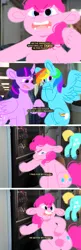 Size: 494x1517 | Tagged: safe, artist:ponydoodles, banned from derpibooru, deleted from derpibooru, derpibooru import, edit, pinkie pie, rainbow dash, twilight sparkle, alicorn, butt, comic, floppy ears, plot, rolo, scrubs, stuck, twilight sparkle (alicorn), vending machine