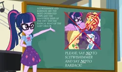 Size: 1460x865 | Tagged: safe, banned from derpibooru, deleted from derpibooru, derpibooru import, edit, edited screencap, screencap, applejack, rarity, sci-twi, sunset shimmer, twilight sparkle, equestria girls, equestria girls series, forgotten friendship, overpowered (equestria girls), rollercoaster of friendship, anti-shipping, geode of shielding, geode of super strength, geode of telekinesis, implied lesbian, implied rarijack, implied scitwishimmer, implied shipping, magical geodes, mouthpiece, sci-twi's chalkboard, scitwilicorn, twilight sparkle's chalkboard