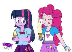 Size: 1024x750 | Tagged: safe, artist:resotii, banned from derpibooru, deleted from derpibooru, derpibooru import, pinkie pie, twilight sparkle, equestria girls, deviantart watermark, eyes closed, female, food, ice cream, ice cream cone, lesbian, obtrusive watermark, shipping, simple background, twinkie, watermark, white background