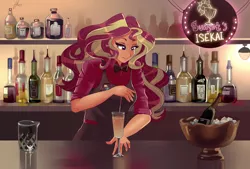 Size: 3000x2028 | Tagged: safe, artist:xjenn9, banned from derpibooru, deleted from derpibooru, derpibooru import, sunset shimmer, human, equestria girls, alcohol, apron, bar, barmaid, bartender, clothes, cute, drink, fanfic art, female, humanized, ice, image, lidded eyes, png, shimmerbetes, smiling, solo, straw, sunset's isekai, wanderer d