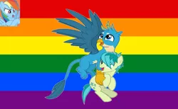 Size: 1122x693 | Tagged: safe, artist:mlpfan3991, banned from derpibooru, deleted from derpibooru, derpibooru import, gallus, rainbow dash, sandbar, gryphon, pony, gallbar, gay, gay pride flag, male, pride, pride flag, pride month, rainbow flag, shipping