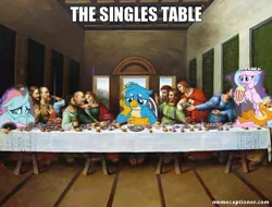 Size: 600x455 | Tagged: safe, banned from derpibooru, deleted from derpibooru, derpibooru import, gallus, ocellus, silverstream, smolder, caption, image macro, jesus christ, text, the last supper
