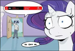 Size: 1280x878 | Tagged: safe, banned from derpibooru, deleted from derpibooru, derpibooru import, rarity, human, anon's grand entrance, exploitable meme, fédération internationale de l'automobile, female, fia, formula 1, male, meme, oh god no, penalty, sebastian vettel