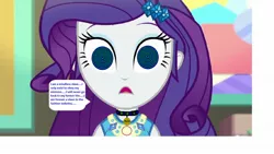 Size: 1280x720 | Tagged: safe, banned from derpibooru, deleted from derpibooru, derpibooru import, edit, edited screencap, screencap, rarity, equestria girls, the other side, 1000 hours in ms paint, blank expression, collar, cute, female, implied oc, mind control, mistress, offscreen character, open mouth, pet tag, slave, solo, speech, speech bubble, story included, swirly eyes, talking