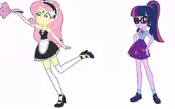 Size: 1162x727 | Tagged: safe, banned from derpibooru, deleted from derpibooru, derpibooru import, fluttershy, sci-twi, twilight sparkle, equestria girls, 1000 hours in ms paint, blank expression, chip, clothes, cute, duster, french maid, geode of telekinesis, glasses, gloves, high heels, hypno eyes, magical geodes, maid, mind control, miniskirt, ponytail, sexy, shoes, skirt, socks, thigh highs