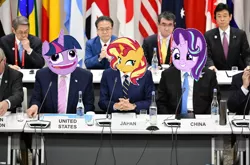 Size: 600x396 | Tagged: safe, banned from derpibooru, deleted from derpibooru, derpibooru import, edit, starlight glimmer, sunset shimmer, twilight sparkle, twilight sparkle (alicorn), alicorn, human, unicorn, 1000 years in photoshop, china, edited photo, faic, female, g20, japan, male, mare, politics, pudding face, summit, united states