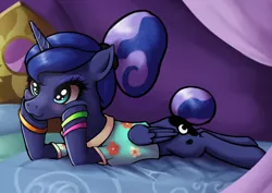 Size: 1414x1000 | Tagged: safe, artist:the-park, banned from derpibooru, deleted from derpibooru, derpibooru import, princess luna, alicorn, pony, between dark and dawn, alternate hairstyle, bed, blushing, bracelet, cheek squish, clothes, cute, female, hair bun, hawaiian shirt, hoof on cheek, jewelry, laying on bed, lunabetes, mare, on bed, ponytail, prone, shirt, smiling, solo, squishy cheeks, tail bun