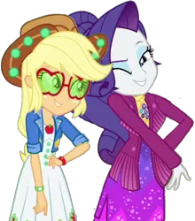 Size: 1802x2048 | Tagged: safe, banned from derpibooru, deleted from derpibooru, derpibooru import, edit, edited screencap, editor:larryboyfan1996, screencap, applejack, rarity, equestria girls, equestria girls series, inclement leather, spoiler:choose your own ending (season 2), spoiler:eqg series (season 2), background removed, clothes, glasses, hat, not a vector, sunglasses