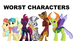 Size: 1280x720 | Tagged: safe, artist:cheezedoodle96, artist:frownfactory, artist:zekrom111, banned from derpibooru, deleted from derpibooru, derpibooru import, aunt holiday, auntie lofty, capper dapperpaws, tempest shadow, thorax, zecora, abyssinian, anthro, changedling, changeling, digitigrade anthro, pegasus, unicorn, zebra, my little pony: the movie, the last crusade, triple threat, broken horn, clothes, coat, confident, female, horn, king thorax, male, mare, raised eyebrow, simple background, smug, smugest shadow, stallion, text, transparent background, worst pony