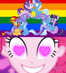 Size: 852x952 | Tagged: safe, artist:mlpfan3991, banned from derpibooru, deleted from derpibooru, derpibooru import, pinkie pie, starlight glimmer, sunset shimmer, trixie, twilight sparkle, twilight sparkle (alicorn), alicorn, coinky-dink world, eqg summertime shorts, equestria girls, female, heart eyes, lesbian, meme, pinkie's eyes, pride, pride flag, shipping, shipping domino, startrix, suntrix, twixie, wingding eyes