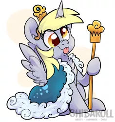 Size: 1988x2107 | Tagged: safe, artist:shibaroll, banned from derpibooru, deleted from derpibooru, derpibooru import, derpy hooves, alicorn, pegasus, pony, :p, abstract background, alicornified, atg 2019, best princess, chest fluff, cloak, clothes, crown, cute, derpabetes, derpicorn, female, food, horn, jewelry, mare, muffin, muffin queen, newbie artist training grounds, princess, princess derpy, race swap, regalia, robe, scepter, silly, silly pony, simple background, sitting, solo, tongue out, white background, wings