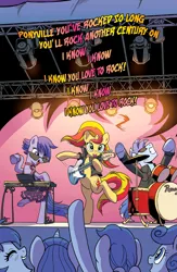 Size: 2107x3240 | Tagged: safe, artist:pencils, banned from derpibooru, deleted from derpibooru, derpibooru import, idw, sunset shimmer, earth pony, unicorn, spoiler:comic, spoiler:comic79, bass guitar, bipedal, drum kit, drums, electric guitar, female, guitar, keyboard, male, mare, musical instrument, singing, stallion