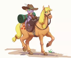 Size: 1200x985 | Tagged: safe, artist:jotun22, banned from derpibooru, deleted from derpibooru, derpibooru import, applejack, spike, dragon, earth pony, pony, applespike, bridle, colored hooves, dragons riding ponies, female, hat, hoers, male, mare, realistic, riding, saddle, shipping, straight, tack, unshorn fetlocks