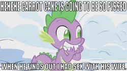 Size: 638x361 | Tagged: suggestive, banned from derpibooru, deleted from derpibooru, derpibooru import, edit, edited screencap, editor:undeadponysoldier, screencap, cup cake, spike, dragon, winter wrap up, caption, female, hands on mouth, image macro, implied carrot cake, implied cup cake, implied foalcon, implied milf, implied sex, infidelity, male, shipping, snow, solo, spikecake, stifling laughter, straight, teeth, text, winter