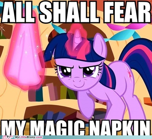 Size: 500x458 | Tagged: safe, banned from derpibooru, deleted from derpibooru, derpibooru import, edit, edited screencap, screencap, twilight sparkle, pony, unicorn, book, bookshelf, caption, female, glowing horn, golden oaks library, horn, image macro, levitation, magic, mare, mylittlebrony.com, napkin, raised hoof, solo, telekinesis, text, unicorn twilight