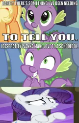 Size: 640x995 | Tagged: episode needed, suggestive, banned from derpibooru, deleted from derpibooru, derpibooru import, edit, edited screencap, editor:undeadponysoldier, screencap, applejack, rarity, spike, dragon, earth pony, pony, unicorn, it ain't easy being breezies, spike at your service, caption, disturbed, dumb and dumber, female, funny, funny as hell, image macro, implied gay, implied sex, male, mare, raised hoof, reference, schoolboy, shiny eyes, straight, text