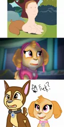 Size: 1010x2011 | Tagged: safe, artist:rainbow eevee, banned from derpibooru, deleted from derpibooru, derpibooru import, edit, dog, german shepherd, pony, barely pony related, bobby hill, bwah, chase, collar, confused, crossover, da fuq, duo, king of the hill, nightmare fuel, not salmon, paw patrol, scared, scary, simple background, skye, skye is scared, vulgar, wat, what has magic done, what has science done, white background, why, wtf