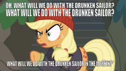 Size: 639x362 | Tagged: safe, banned from derpibooru, deleted from derpibooru, derpibooru import, edit, edited screencap, editor:undeadponysoldier, screencap, applejack, earth pony, pony, angry, caption, clothes, drunken sailor, female, hat, image macro, mare, open mouth, pirate applejack, pirate outfit, pointing, solo, song reference, text
