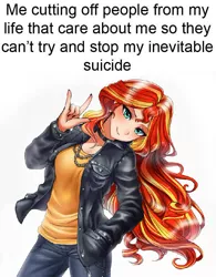 Size: 676x867 | Tagged: semi-grimdark, artist:racoonsan, banned from derpibooru, deleted from derpibooru, derpibooru import, edit, sunset shimmer, equestria girls, bad idea, bad meme, breasts, depressed, devil horn (gesture), female, imminent suicide, smiling, suicide